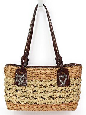 Brighton Shelie Woven Straw Purse Shoulder Bag Leather Straps Heart Accents VTG